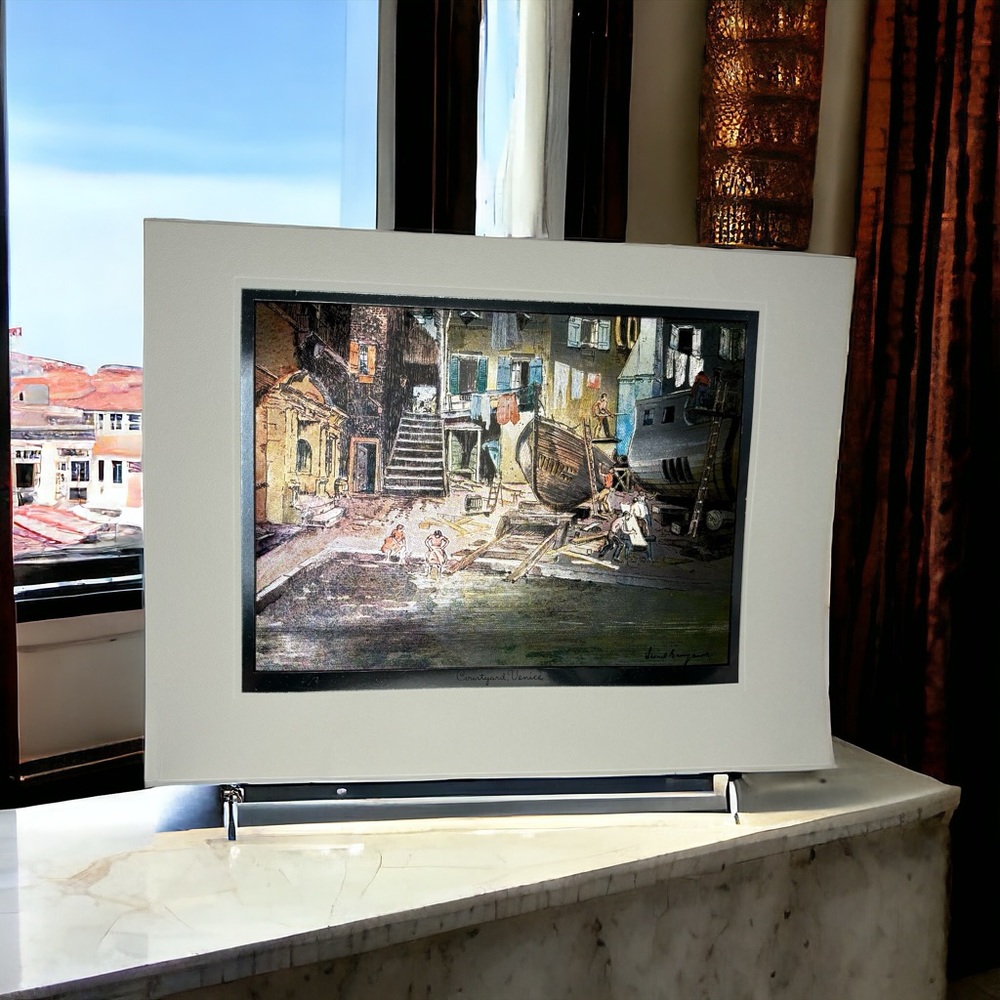 Lionel Barrymore Signed “Courtyard Venice” Color Etch Print Ship Boat Repair